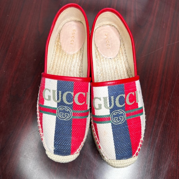 Gucci Sylvie Stripe Logo Platform Espadrilles Size 37.5 - Picture 2 of 9